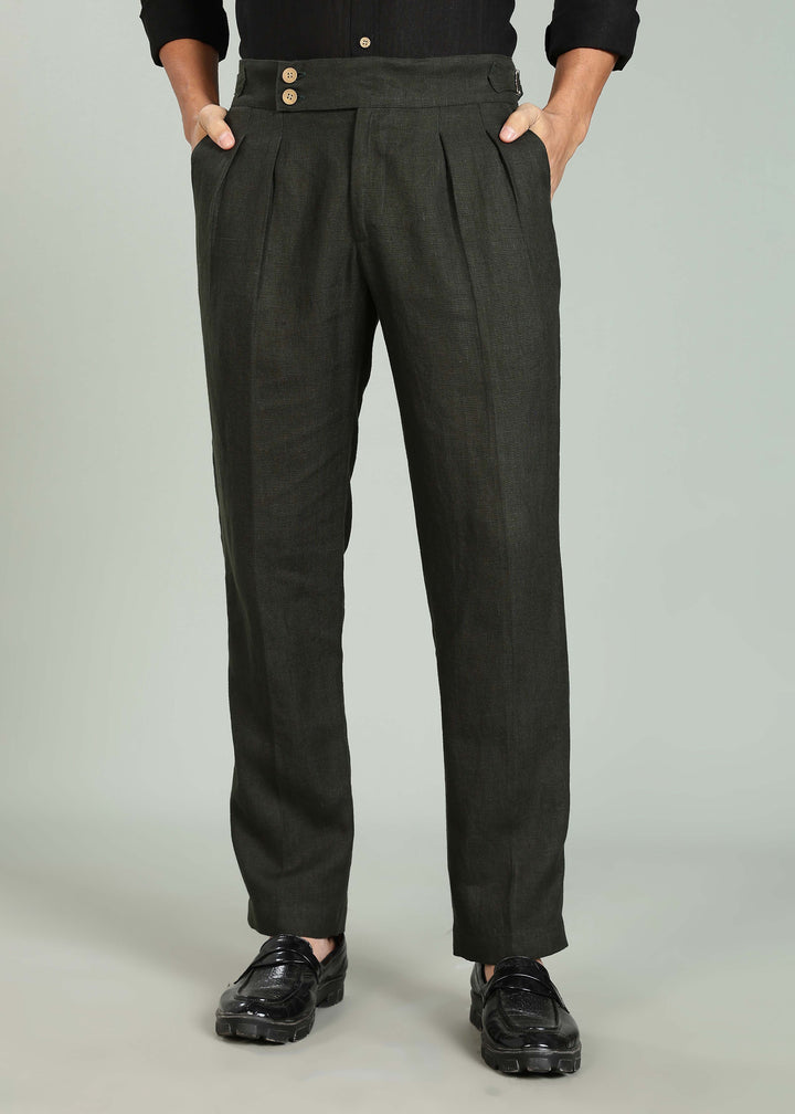 Wes Pants - Pure Linen Pleated Trousers with Adjustable Waistband - Dark Green