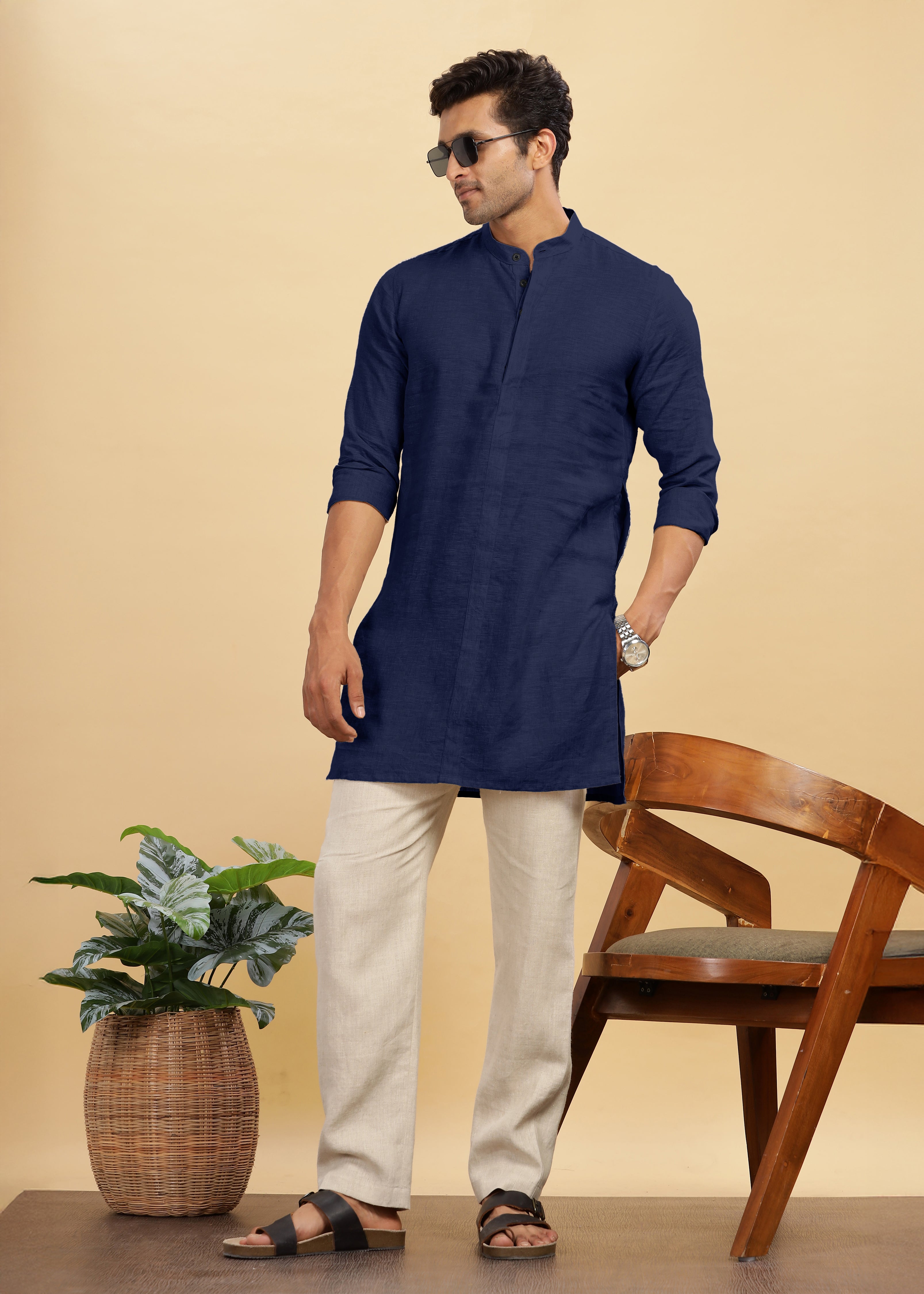 Dark Blue Full Sleeve Pure Linen Kurta With Concealed Placket