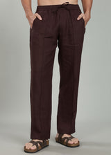 Art Pants - Pure Linen Elastic Casual Pants with Drawstrings - Cocoa Brown