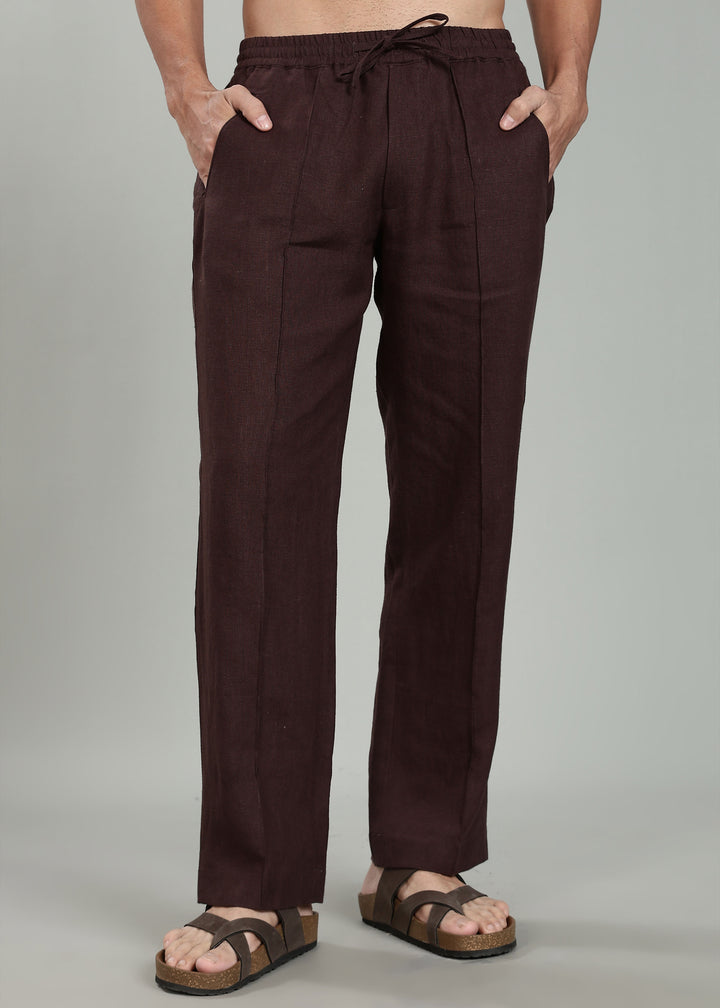 Art Pants - Pure Linen Elastic Casual Pants with Drawstrings - Cocoa Brown