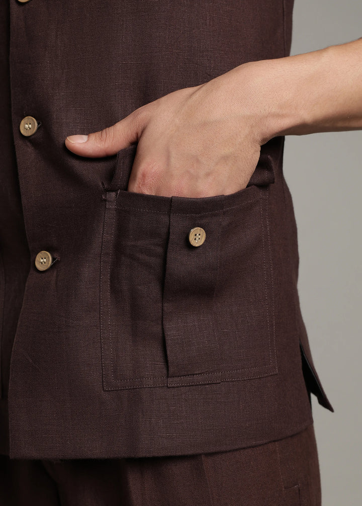 Safar - Multi Pocket Pure Linen Nehru Jacket - Cocoa Brown