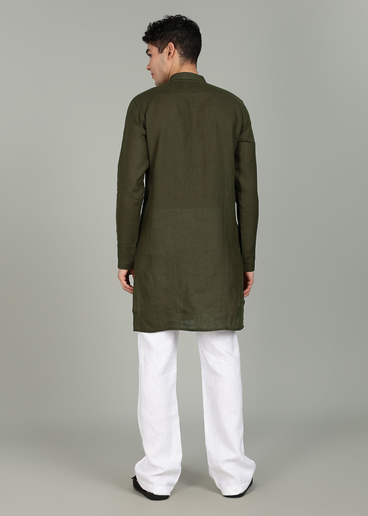 Man wearing a 100% Moss Green 60 lea Kurta, with placket detail, in a Grey  Background indoor.