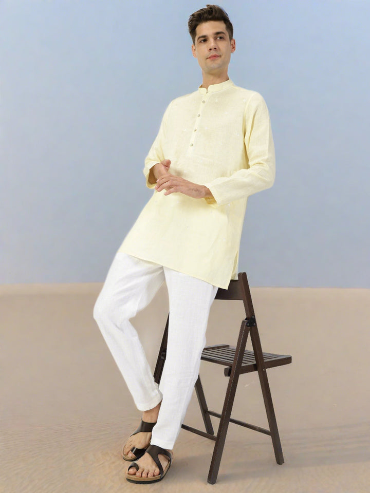 Ved Kurta Sets - Embroidered Pure Linen Short Kurta | Light Yellow