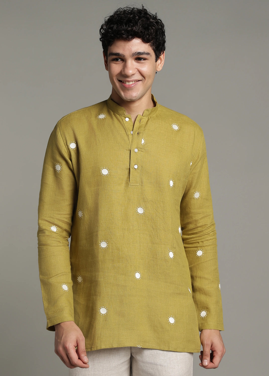 Dot - Pure Linen Embroidered Full Sleeve Short Kurta - Sap Green