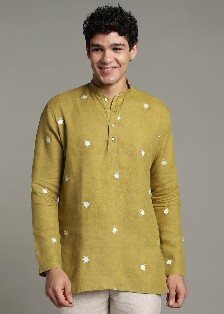 Dot - Pure Linen Embroidered Full Sleeve Short Kurta - Sap Green
