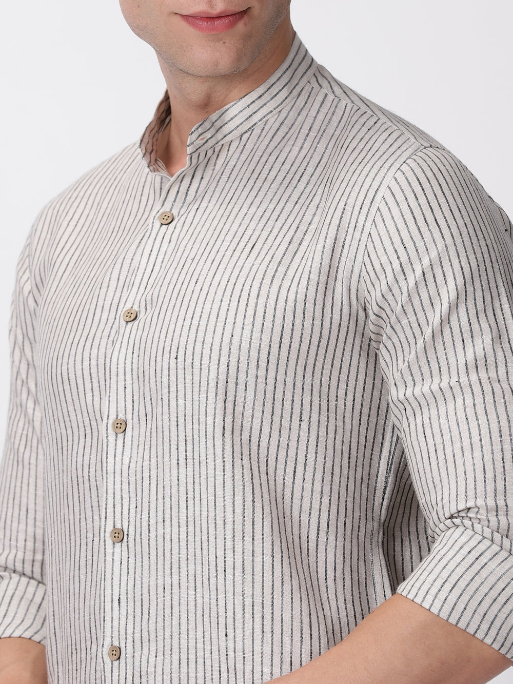 Max - Pure Linen Striped Long Sleeve Shirt - Ecru & Black