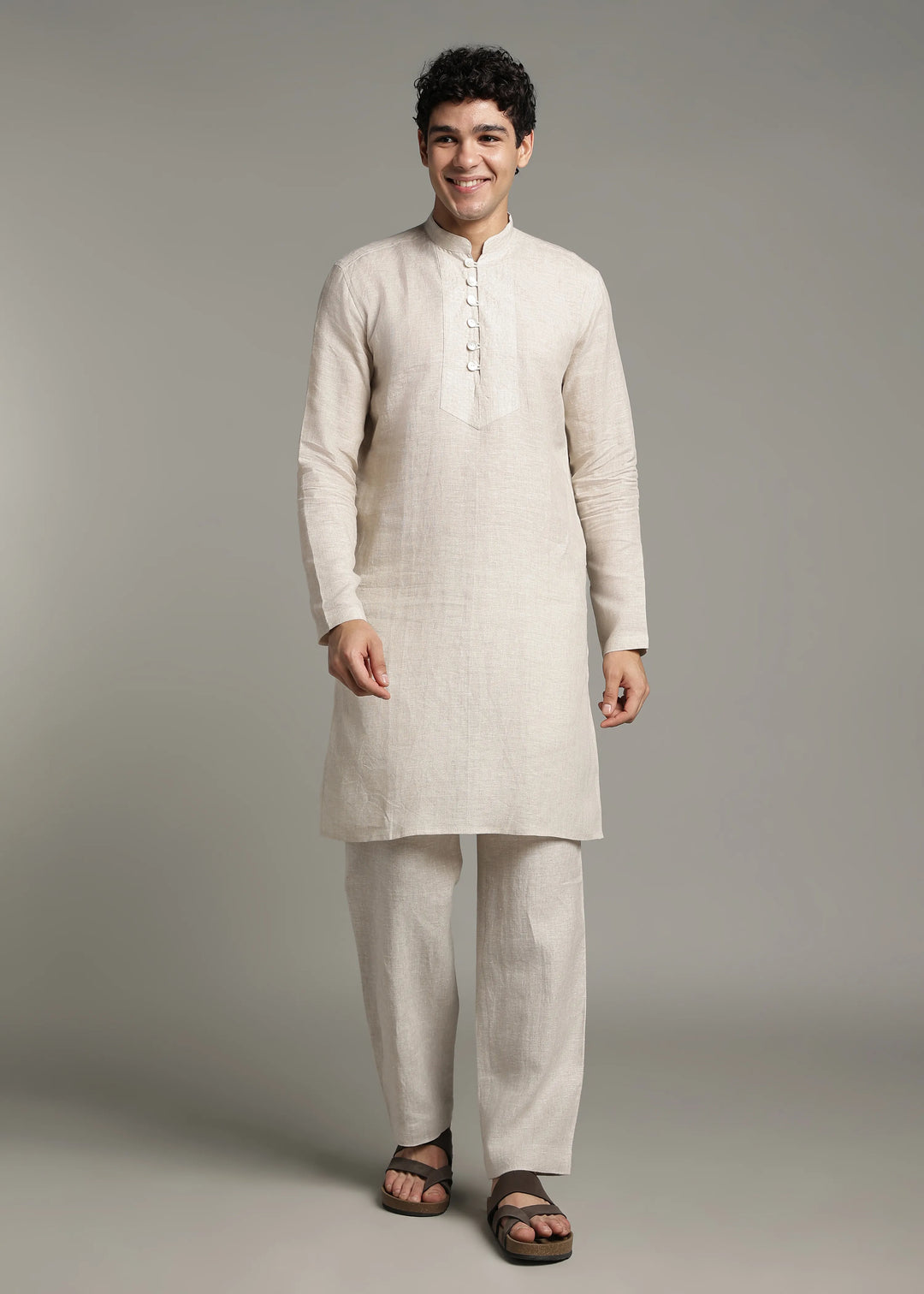 Taj - Pure Linen Long Kurta with Yolk Stitch Detail and Mother Of Pearl Buttons - Ecru