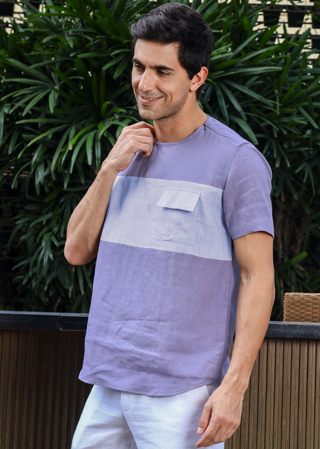 Zach - Double Colour Block Linen Short Sleeve T-Shirt - Lavender Violet & Periwinkle Blue