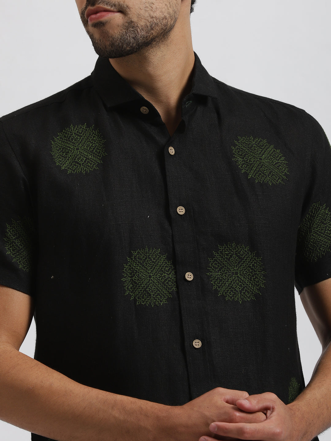 Shane - Pure Linen Embroidered Half Sleeve Shirt - Black & Green
