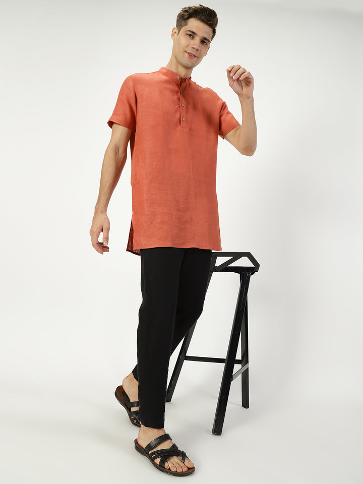 Ashok - Half Sleeve Mandarin Collar Pure Linen Short Kurta - Saffron Red