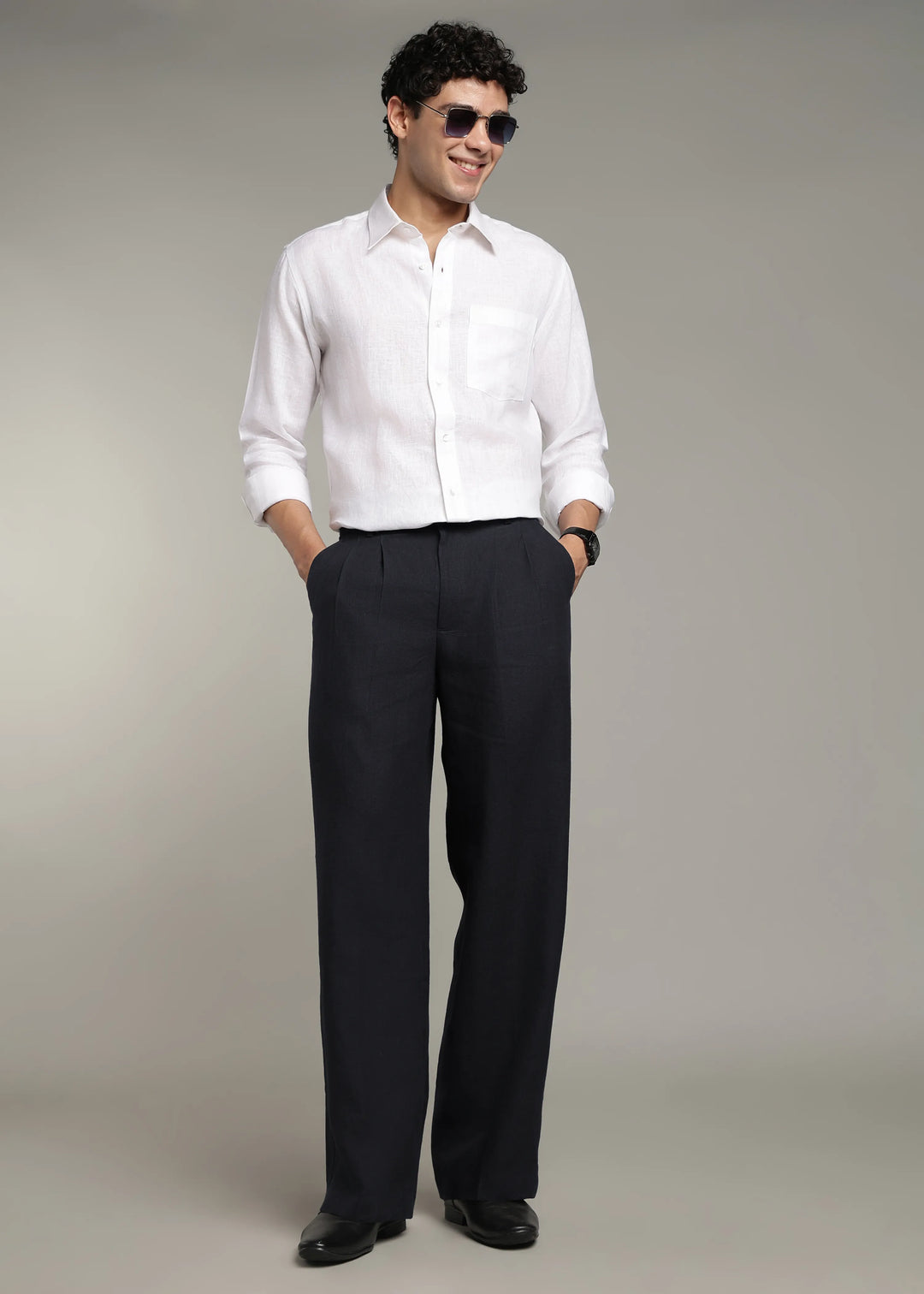 Ashford - Pure Linen Double Pleated High Waisted Trousers - Regal Blue