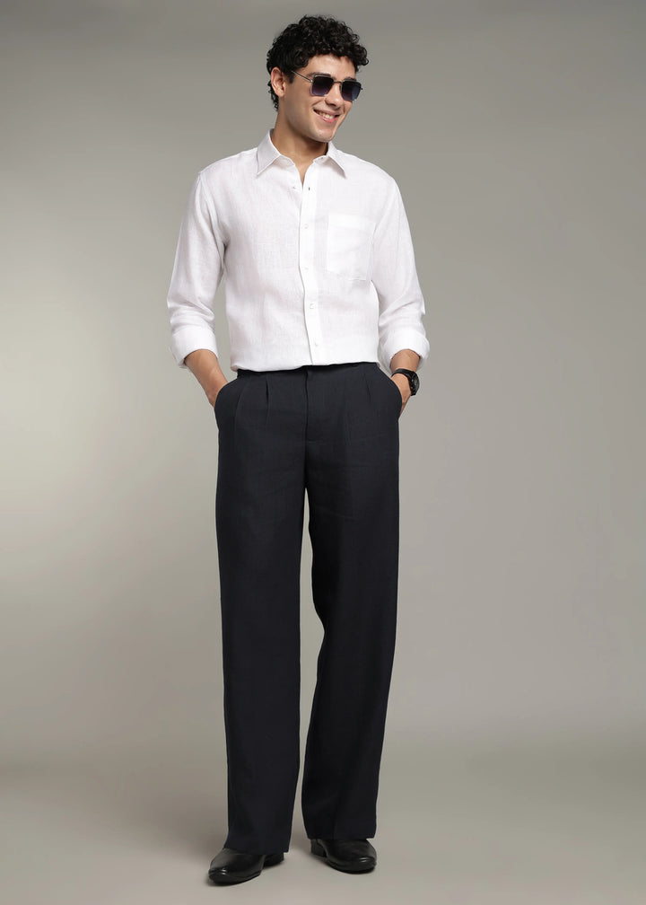 Ashford - Pure Linen Double Pleated High Waisted Trousers - Regal Blue