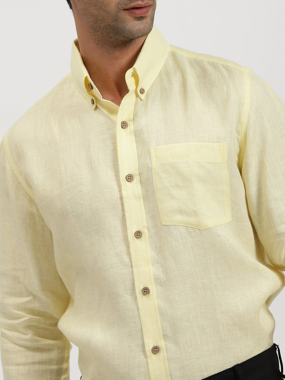 Sunlit Noir Look | Buttoned Down Light Yellow Linen Shirt & Pure Black Trousers