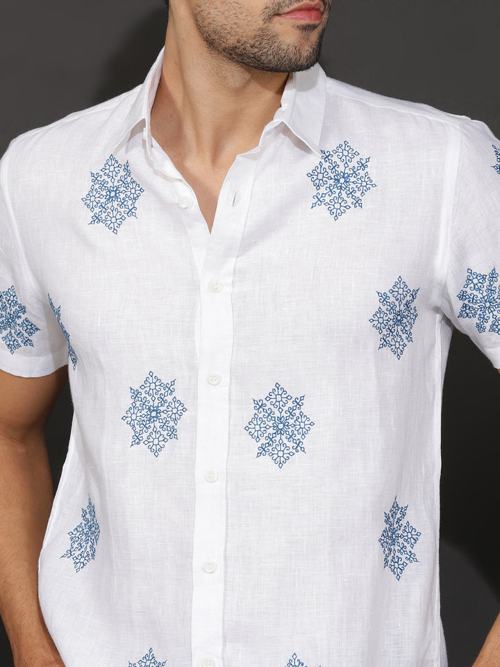 Sloan - Pure Linen Embroidered Half Sleeve Shirt - Blue