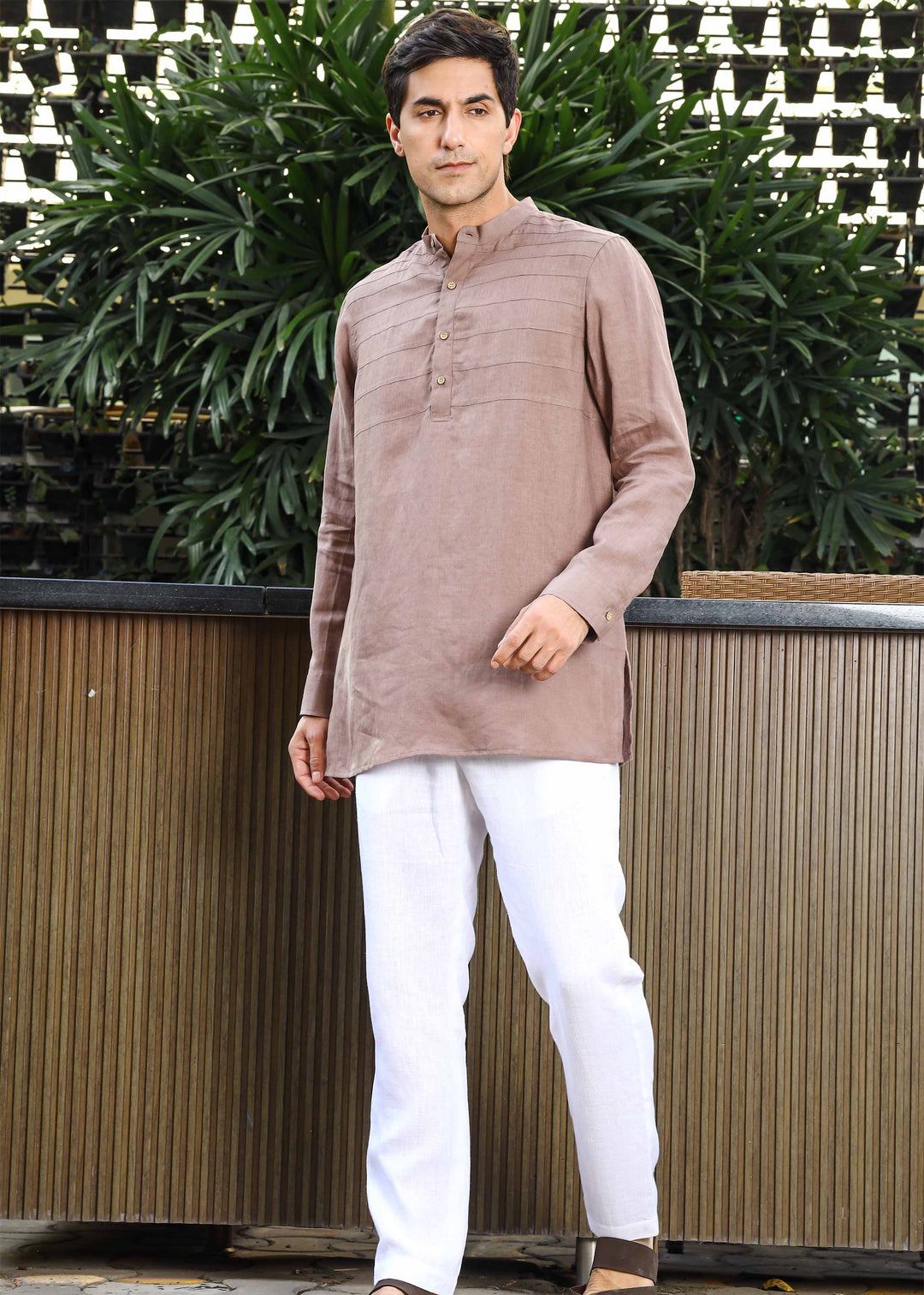 Marvel - Full Sleeve Mandarin Collar Pure Linen Kurta - Toasted Brown