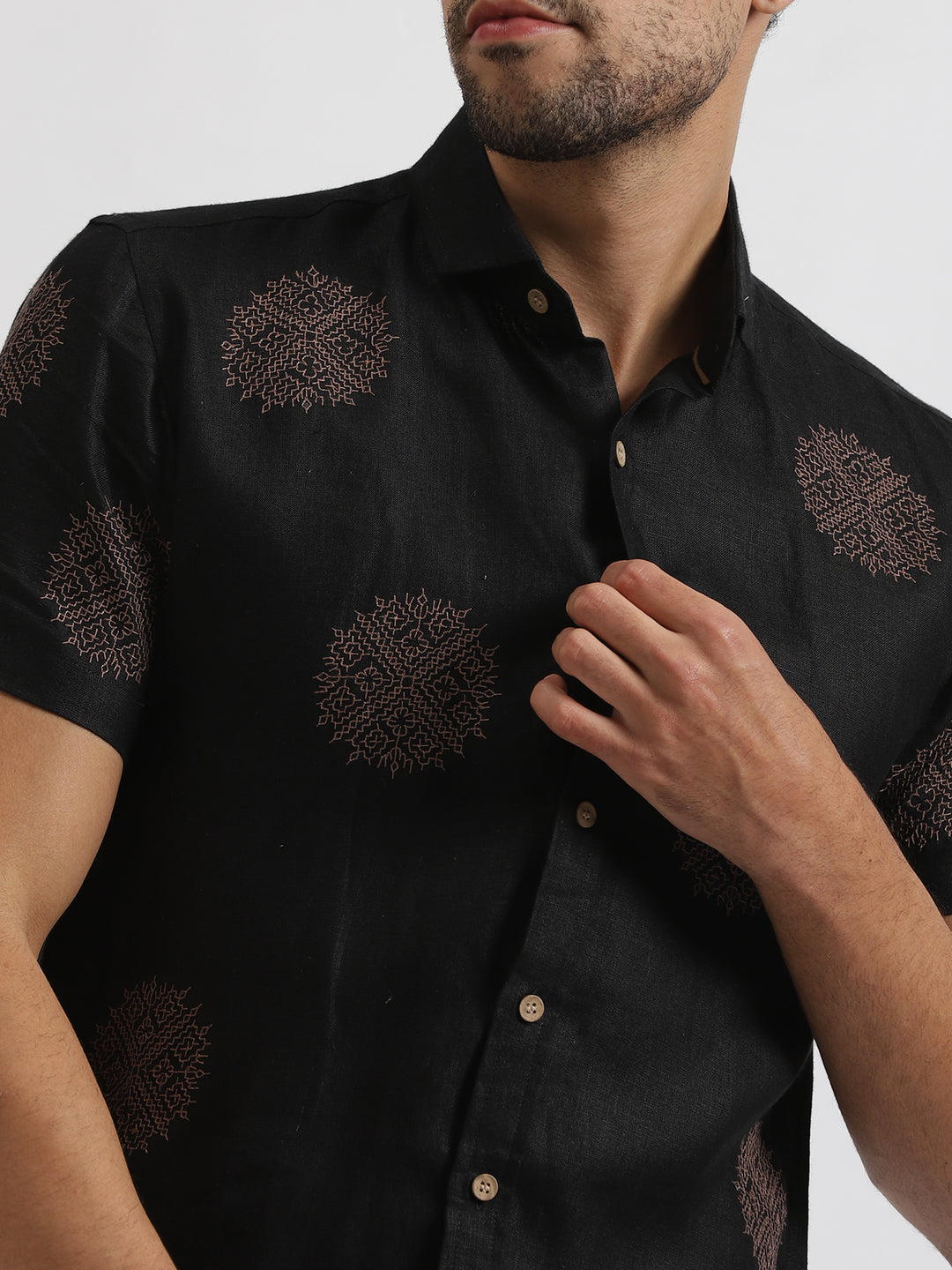 Shane - Pure Linen Embroidered Half Sleeve Shirt - Black & Pink
