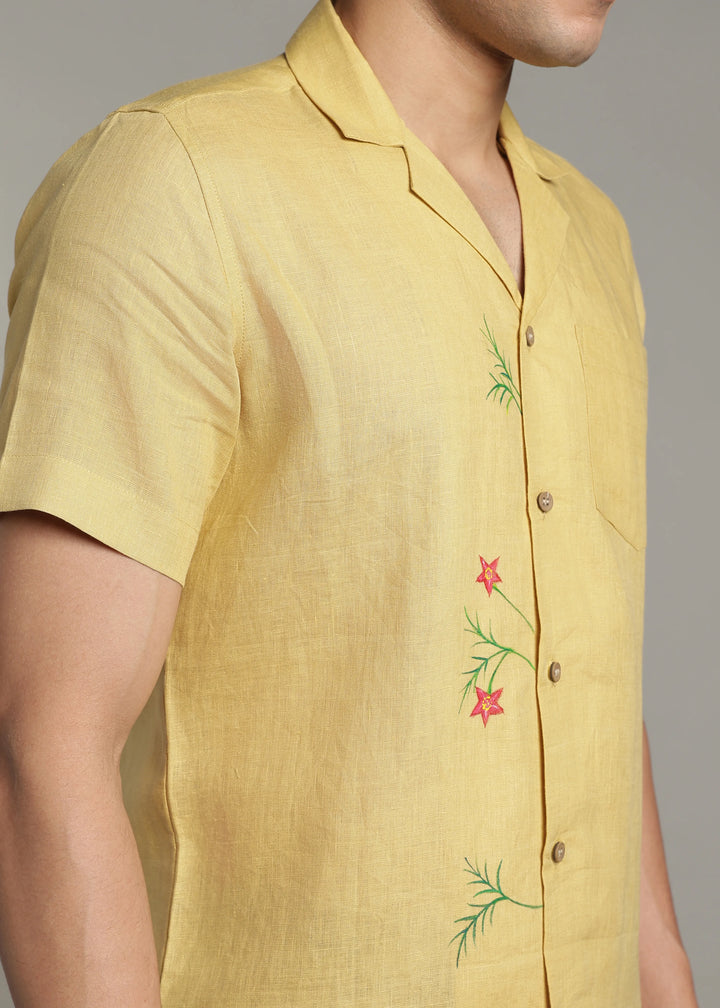 Hand-Painted Chethi - Pure Linen Half Sleeve Shirt - Sunburst Yellow