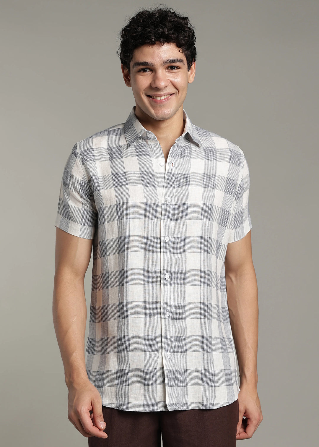 Glen- Pure Linen Half Sleeve Checks Shirt - White