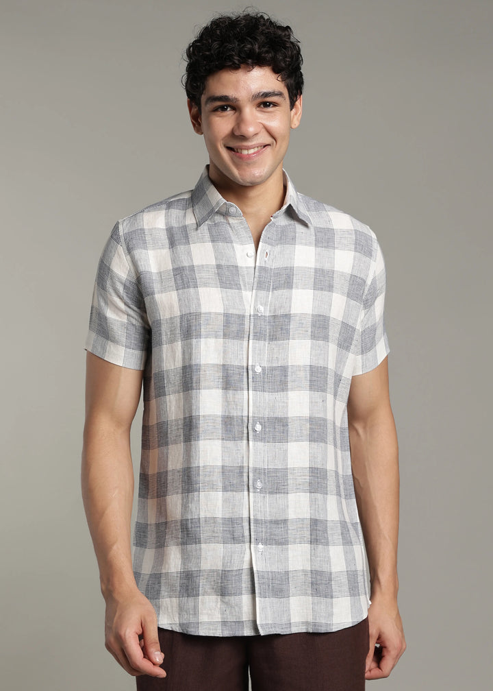 Glen- Pure Linen Half Sleeve Checks Shirt - White