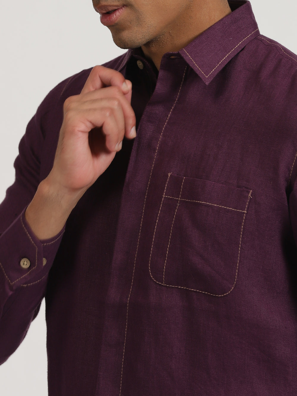 Paul - Pure Linen Stitch Detailed Full Sleeve Shirt - Dark Purple