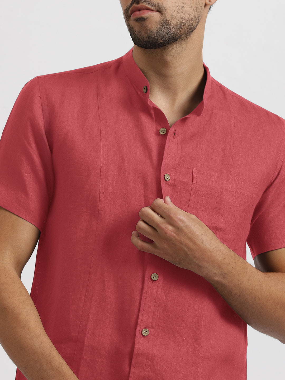 Trevor - Pure Linen Mandarin Collar Half Sleeve Shirt - Coral Peach