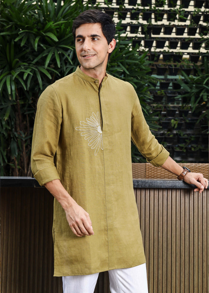 Yash Kurta - Pure Linen Kurta with Floral Embroidery | Golden Olive Green