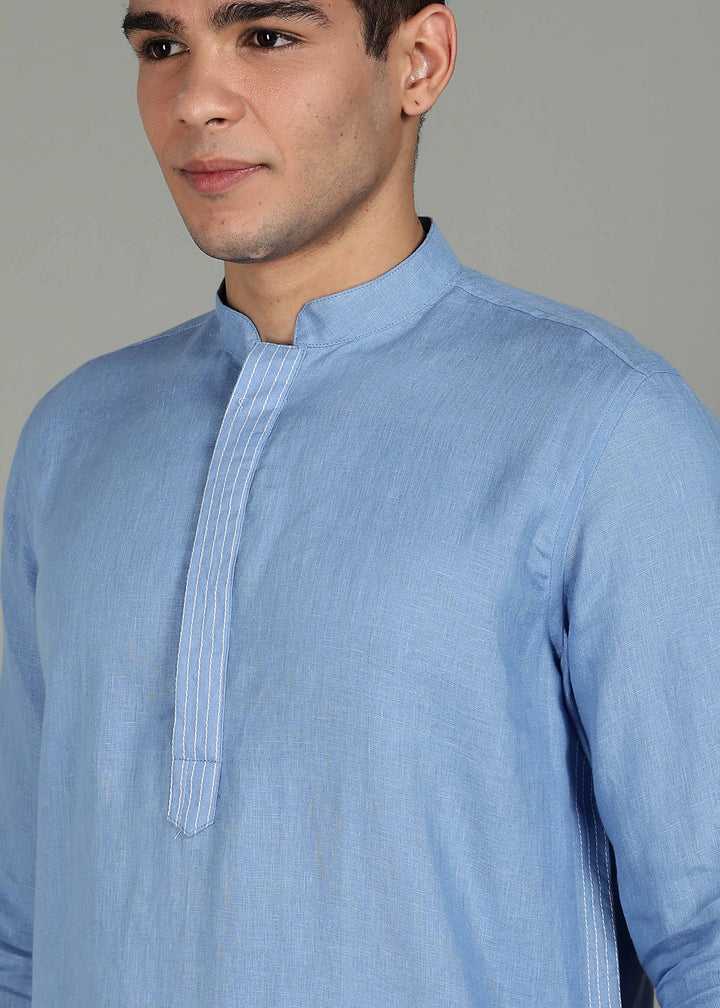 Anvay Long Kurta Set - Pure Linen Kurta Set with Placket and Side Detailing - Olympic Blue & Ecru