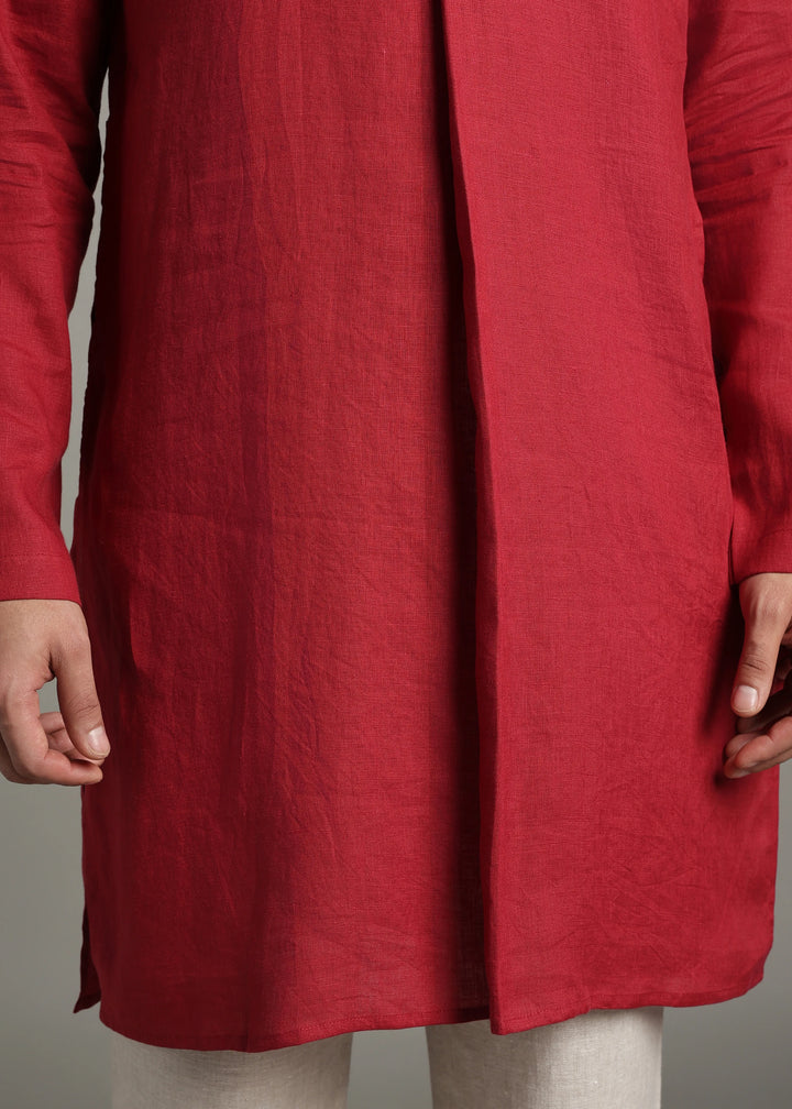 Vansh - Pure Linen Regular Kurta with Printed Placket detail - Mud Red