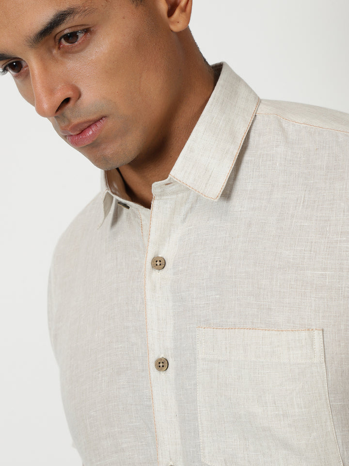 Peter - Pure Linen Stitch Detailed Half Sleeve Shirt - Light Ecru