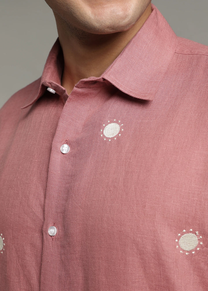Dot - Pure Linen Embroidered Half Sleeve Shirt - Dusty Pink