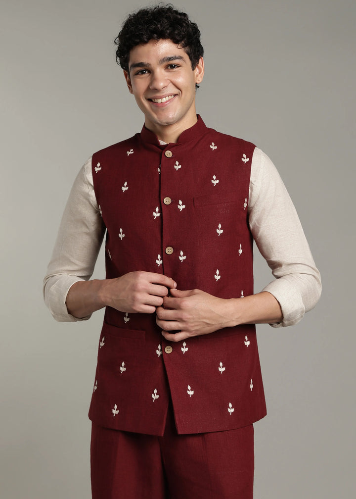 Gulzar - Hand Embroidered Pure Linen Nehru Jacket - Dark Maroon