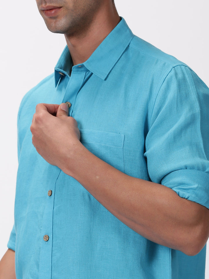 Kian - Pure Linen Regular Collar Full Sleeve Shirt - Aqua Blue | Rescue