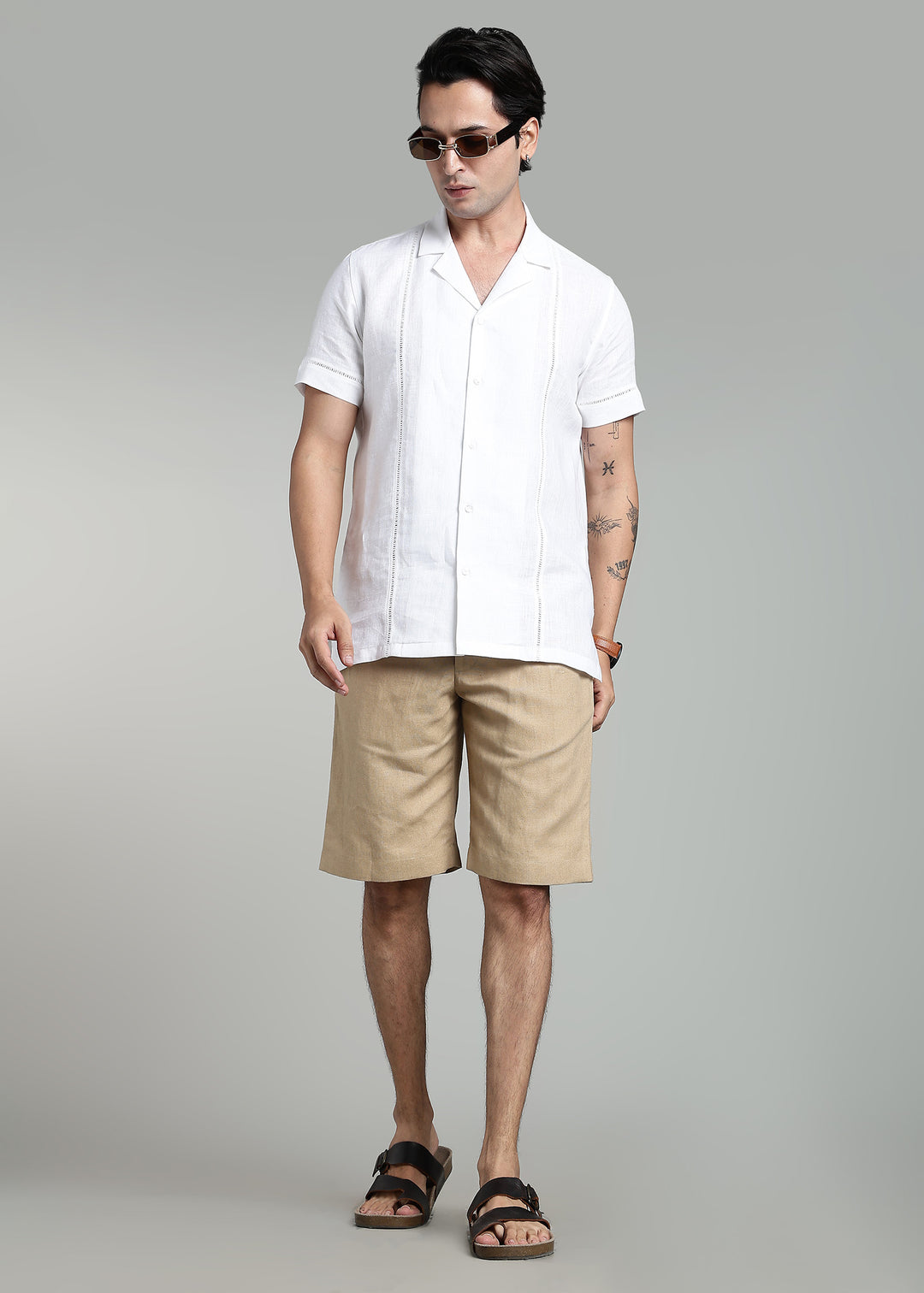 Zephr - Pure Linen Half Sleeve Cuban Collar Shirt with Lace Detail - White