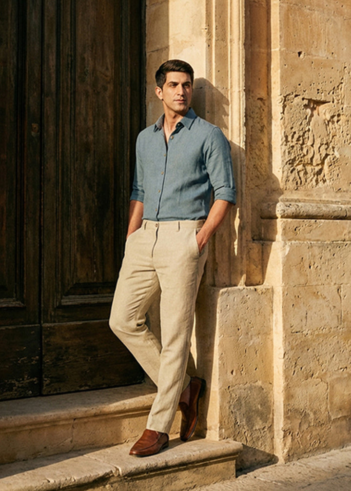 Blue Stone Formal Office Set - Ron Full Sleeve Shirt Blue Grey and Ian Ecru Trousers