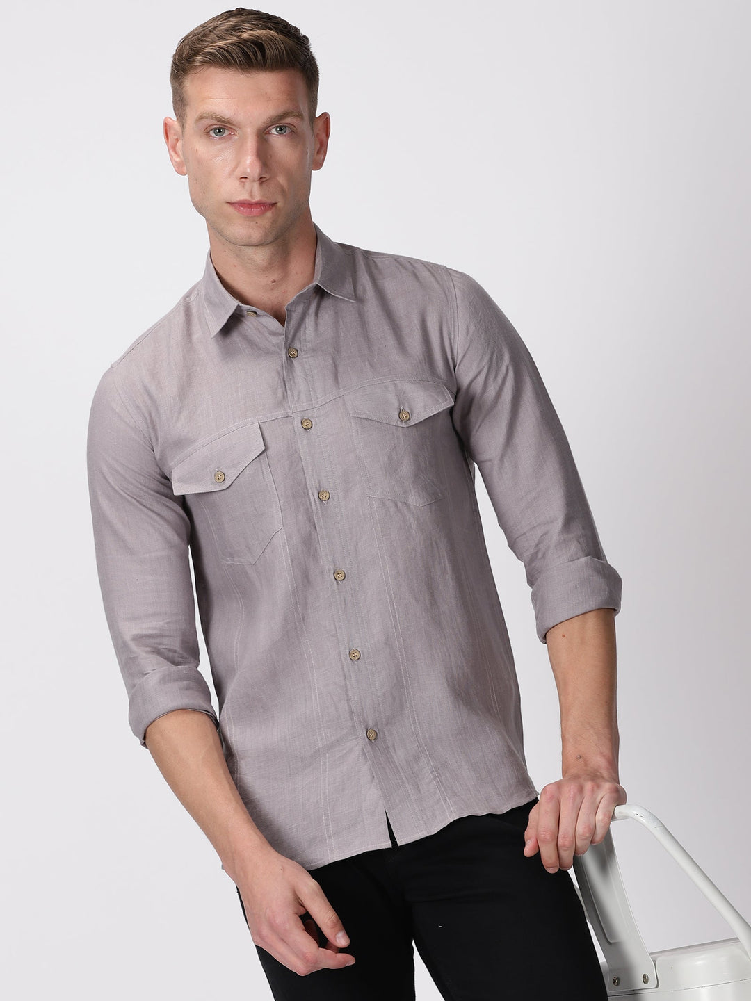Thomas - Pure Linen Double Pocket Full Sleeve Shirt - Cement Grey | Rescue