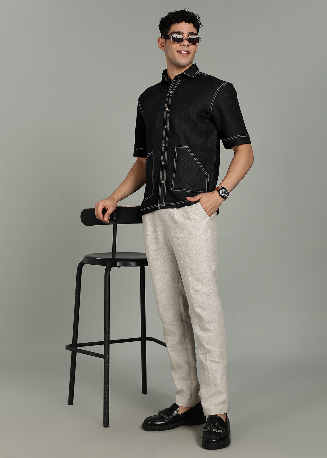 Holt - Pure Linen 25 Lea Shirt with Contrast Stitch Details - Black