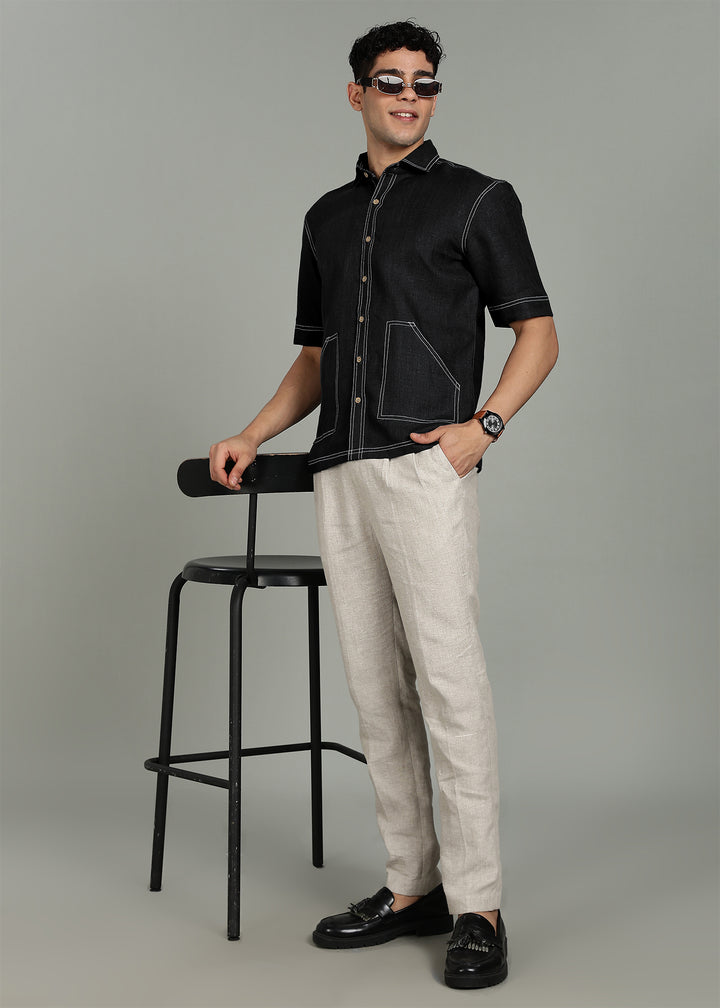 Holt - Pure Linen 25 Lea Shirt with Contrast Stitch Details - Black