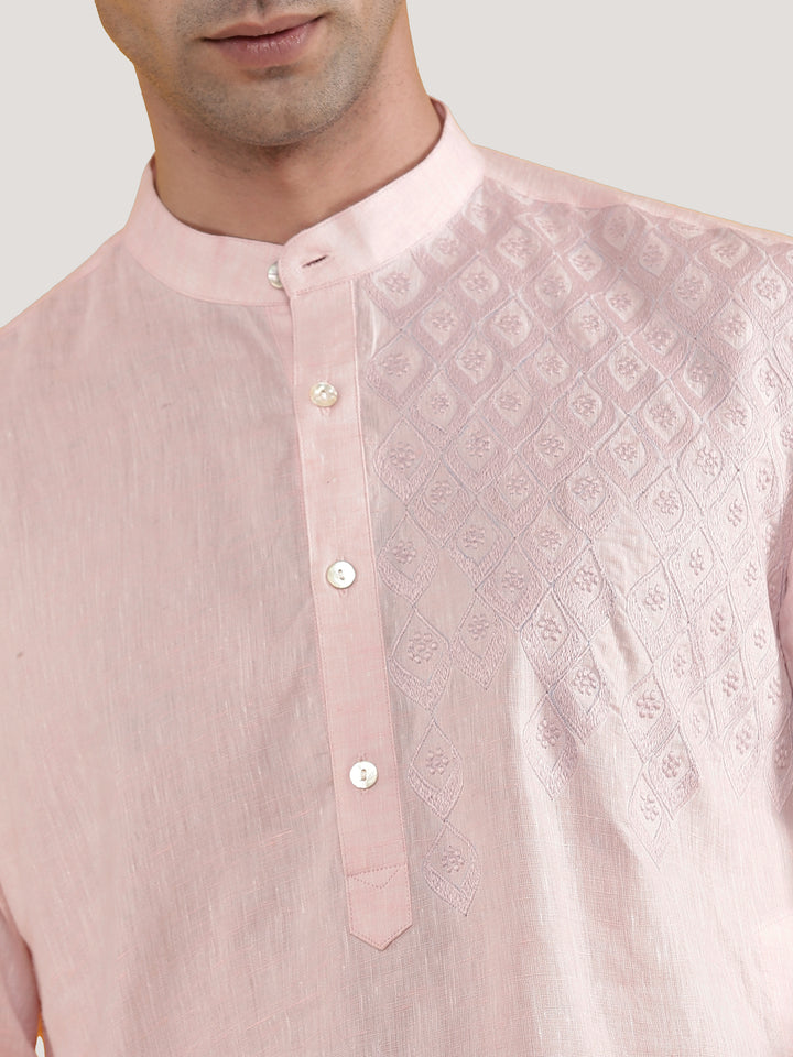 Kurta Sets - Abe Embroidered Pure Linen Short Kurta | Blush Pink