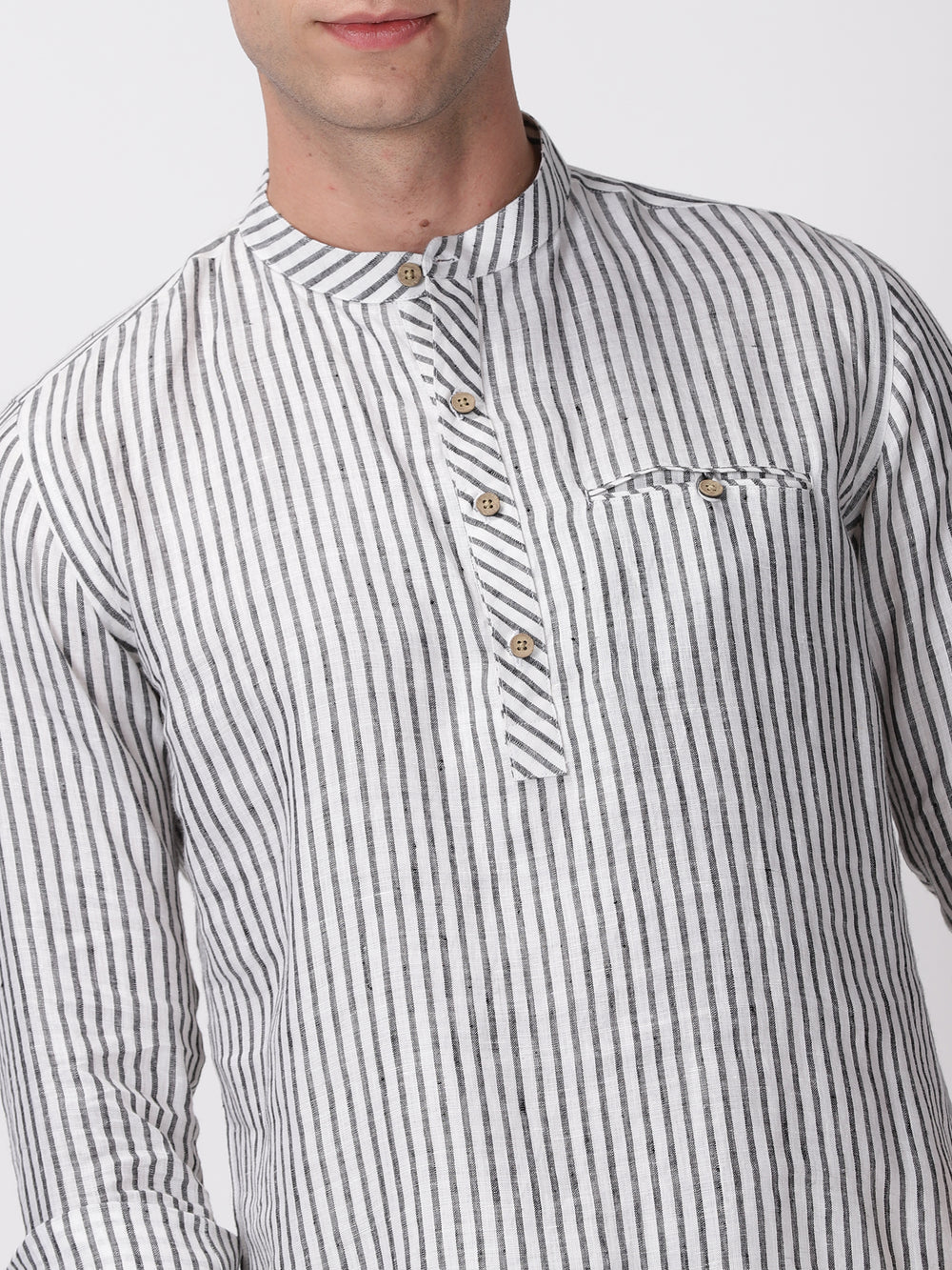 Zane - Pure Linen Striped Long Sleeve Shirt - Black & White