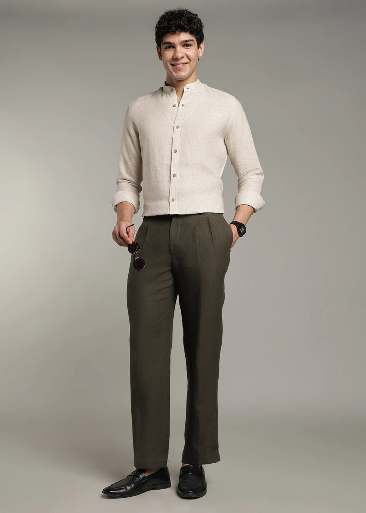 Calvin - Pure Linen Double Pleated Trousers - Camo Green