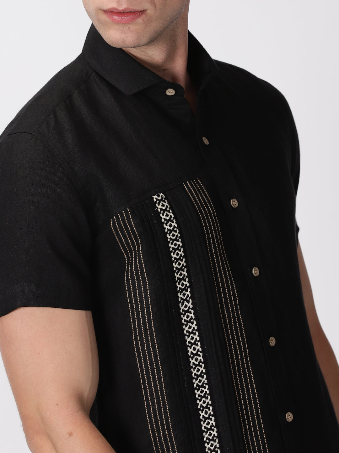 Aryan - Pure Linen Toda Hand-Embroidered Half Sleeve Shirt - Black