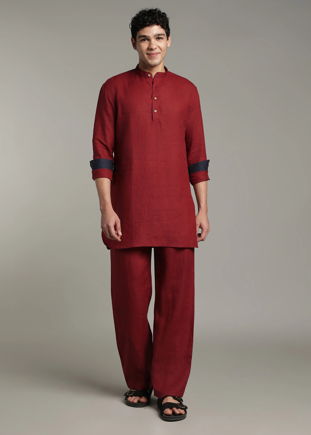 Palat - Pure Linen Regular Kurta with Contrast Inner Cuff Detail - Red Wine