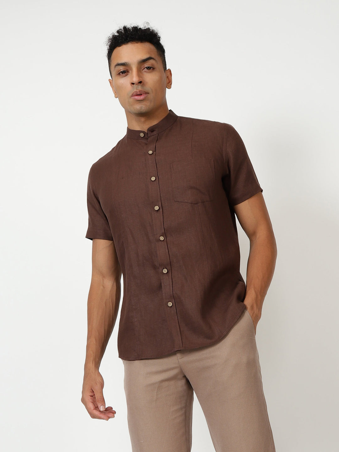 Trevor - Pure Linen Mandarin Collar Half Sleeve Shirt - Coffee Brown | Relove