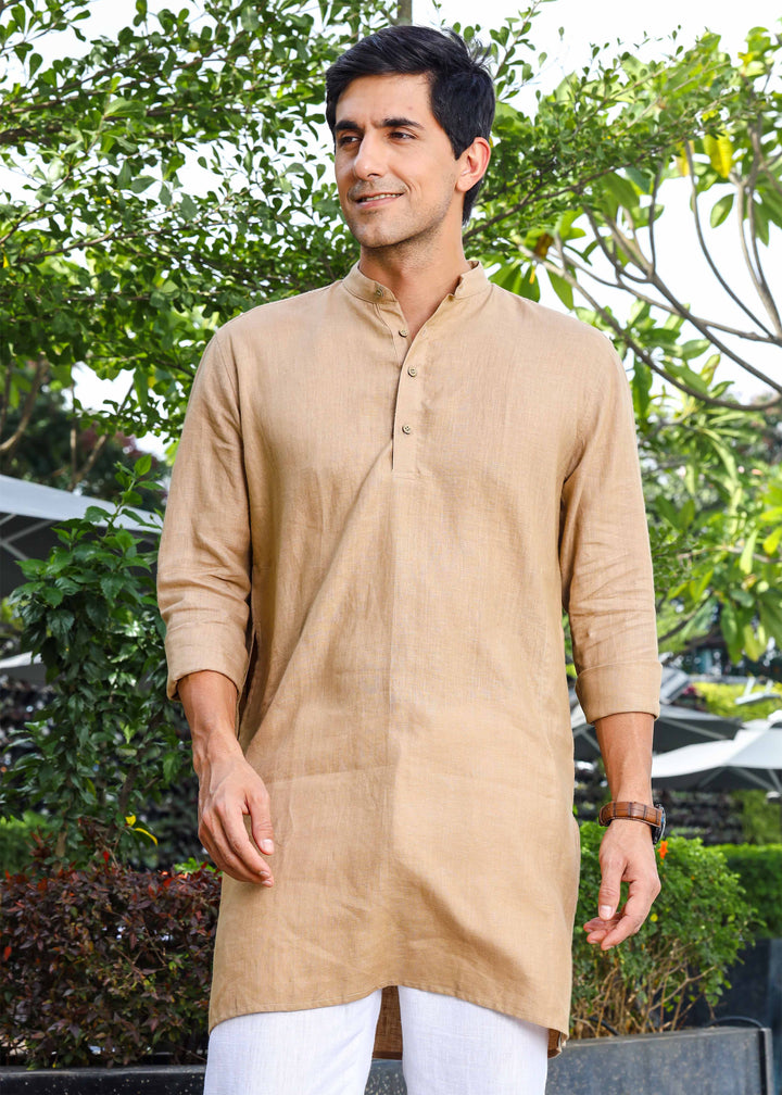 Parker - Full Sleeve Mandarin Collar Pure Linen Kurta - Oakwood Brown