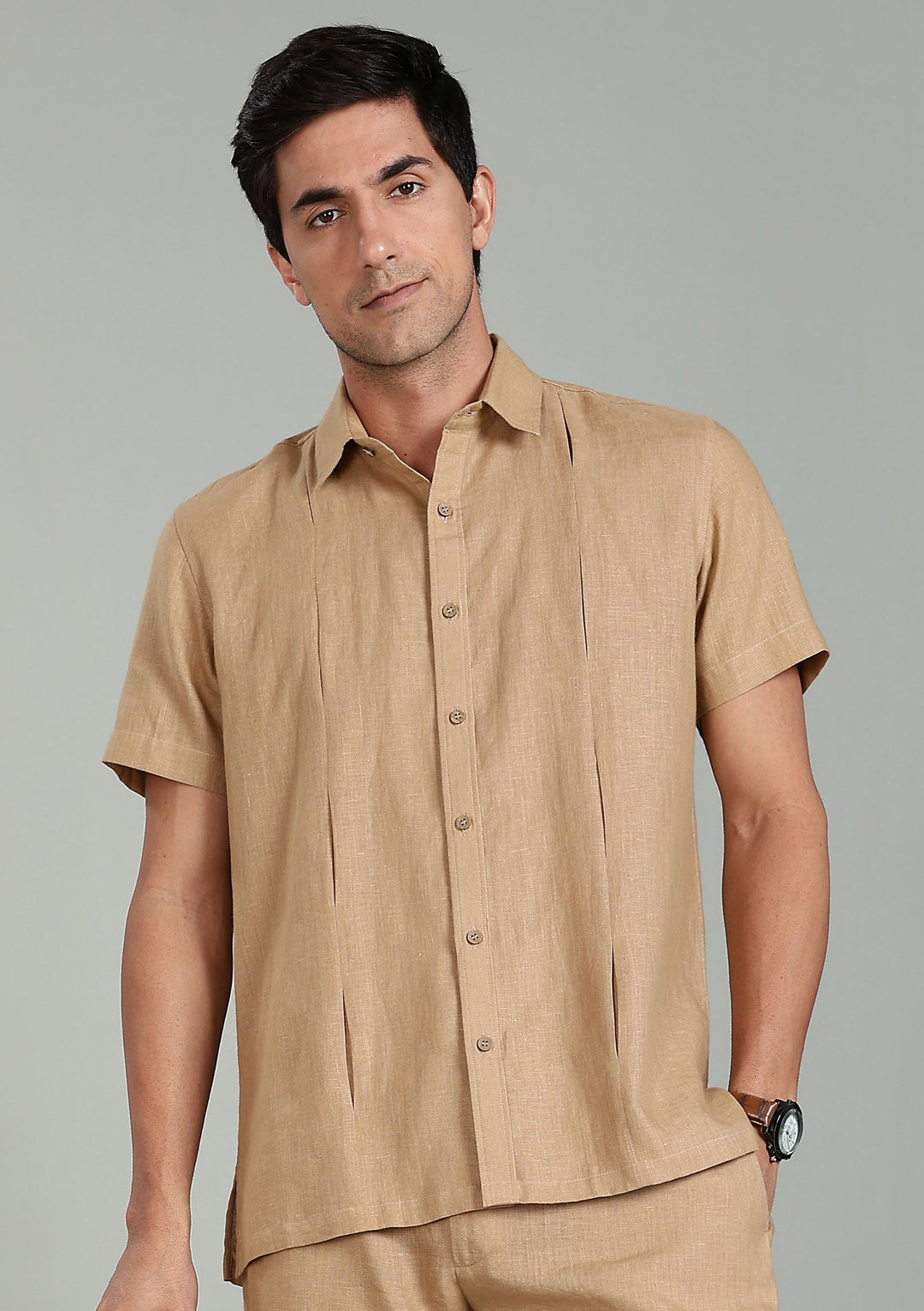 Milo Pure Linen Shirt & Shorts Co-ord Set - Oakwood Brown