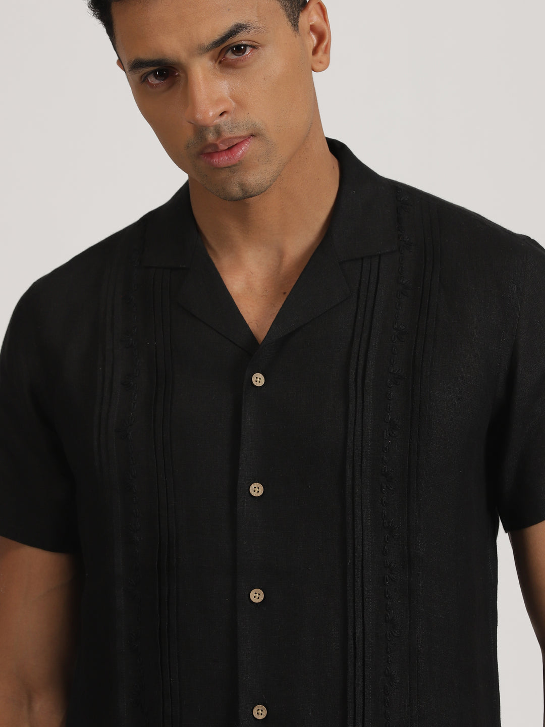 Cal - Pure Linen Hand Embroidered Half Sleeve Shirt - Black