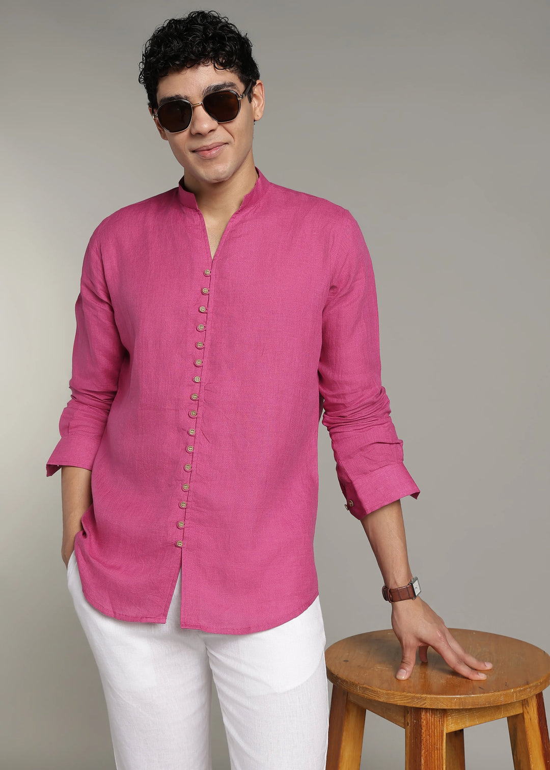 Yue - Pure Linen V Neck Full Sleeve Shirt - Raspberry Pink