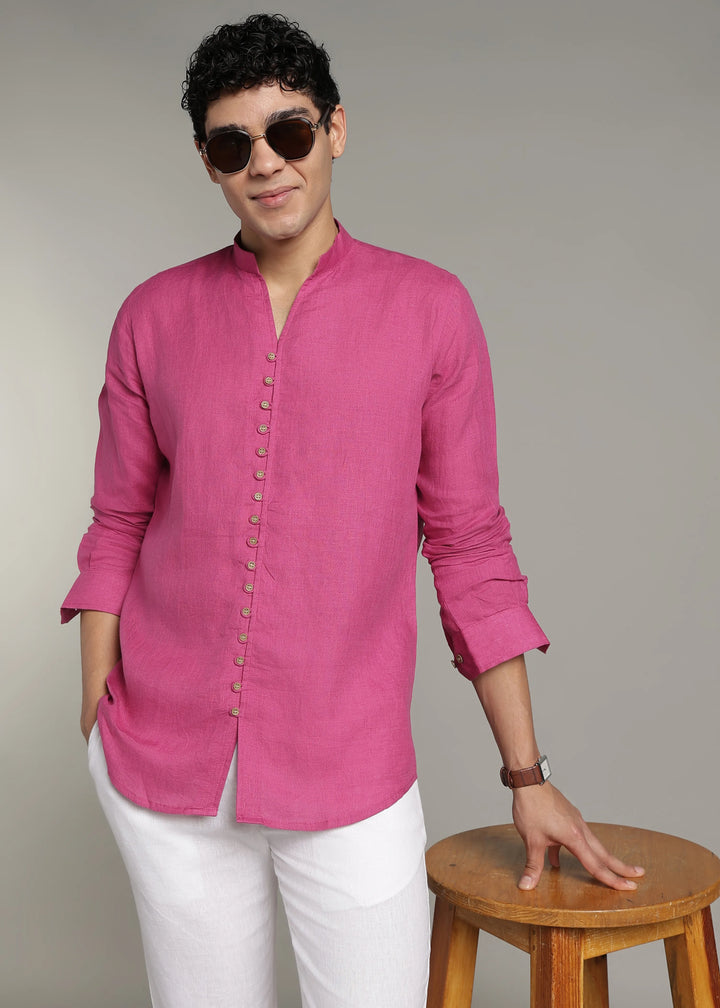 Yue - Pure Linen V Neck Full Sleeve Shirt - Raspberry Pink