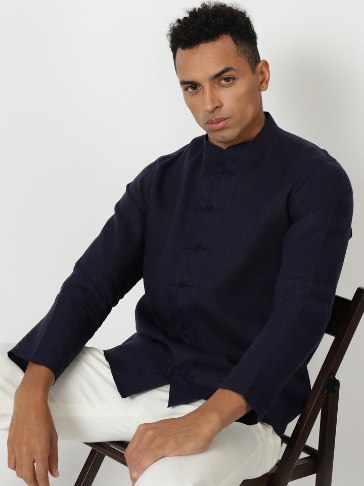 Marco - Pure Linen Full Sleeve Shirt - Dark Blue