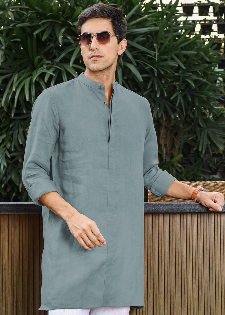Sid Kurta - Pure Linen Kurta with Concealed Placket - Mineral Grey